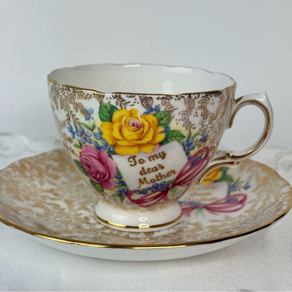Royal Vale Floral Teacup and Saucer Set To My Dear Mother Gold White